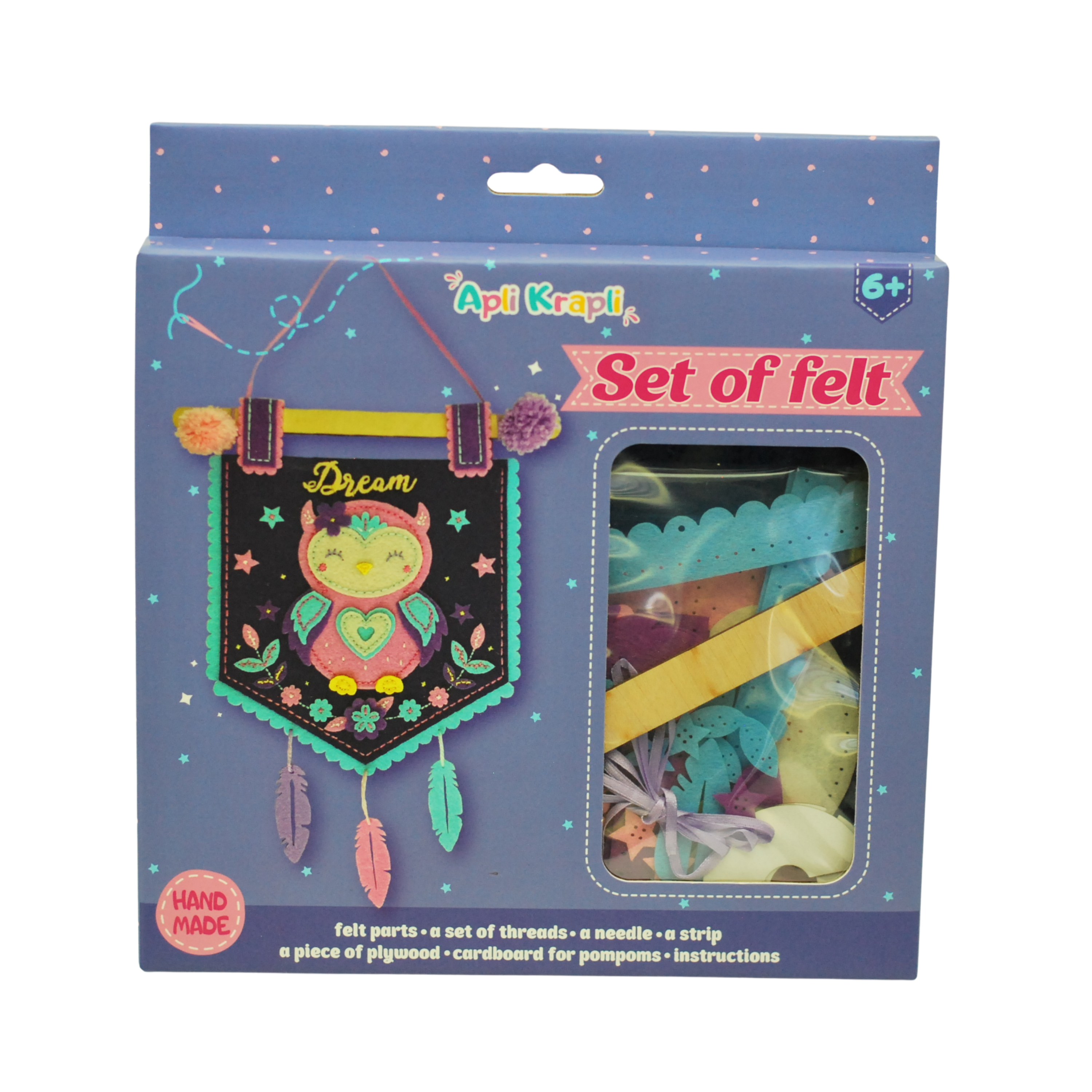 APLI Krapli - APLI Krapli Felt Wall Flag Sewing Kit Owl Precut Felt Thread & Safe Needle Ages 6+
