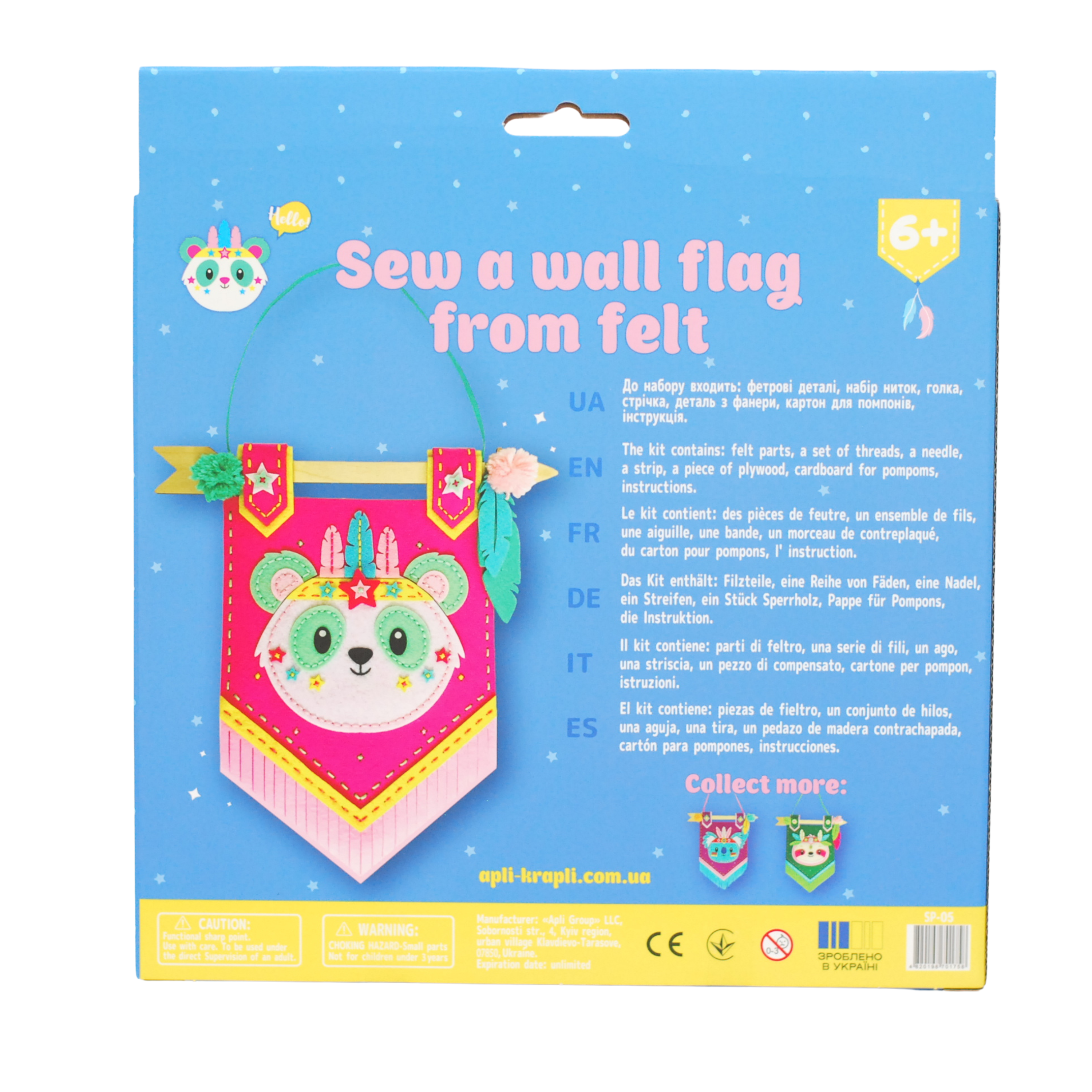 APLI Krapli - APLI Krapli Felt Wall Flag Sewing Kit Panda Precut Felt Thread & Safe Needle Ages 6+