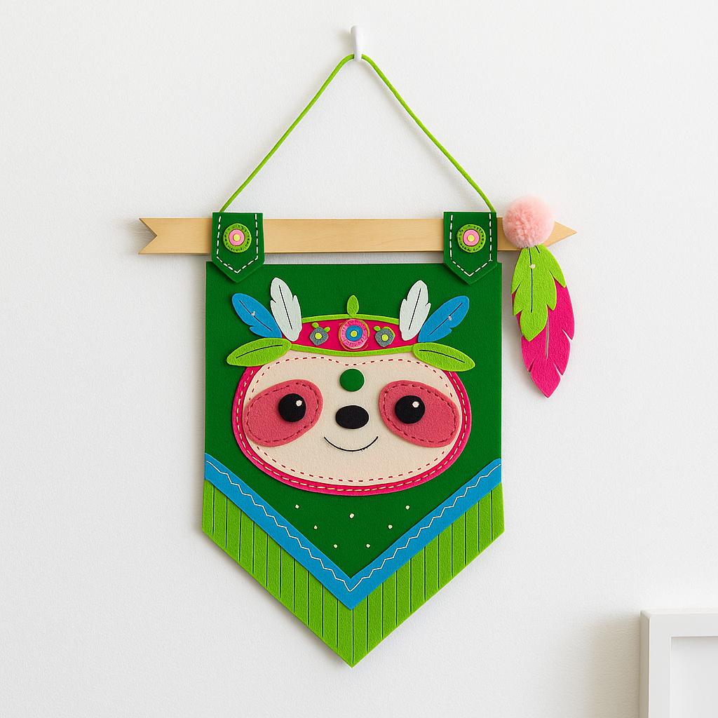 APLI Krapli - APLI Krapli Felt Wall Flag Sewing Kit Sloth Precut Felt Thread & Safe Needle Ages 6+