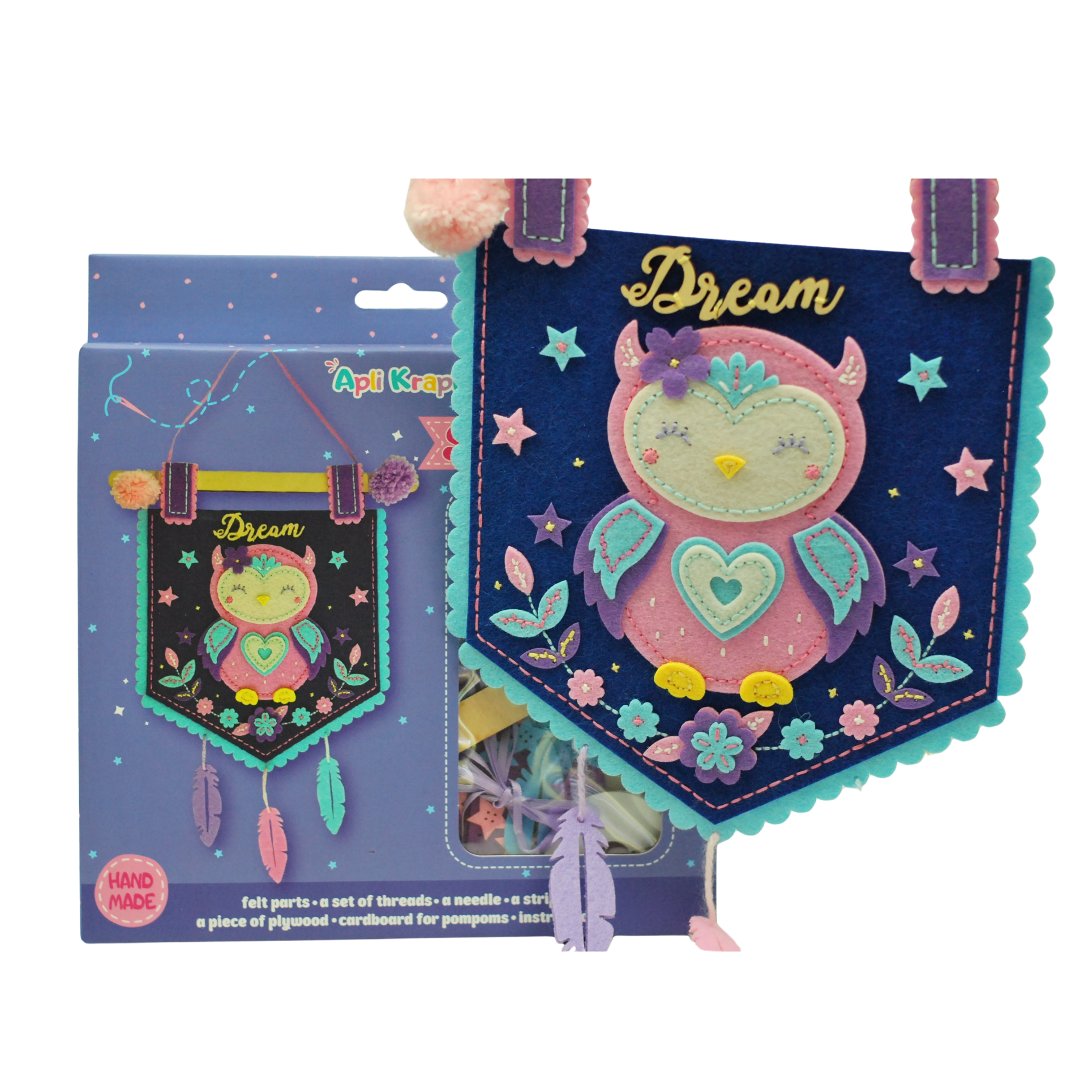 APLI Krapli - APLI Krapli Felt Wall Flag Sewing Kit Owl Precut Felt Thread & Safe Needle Ages 6+