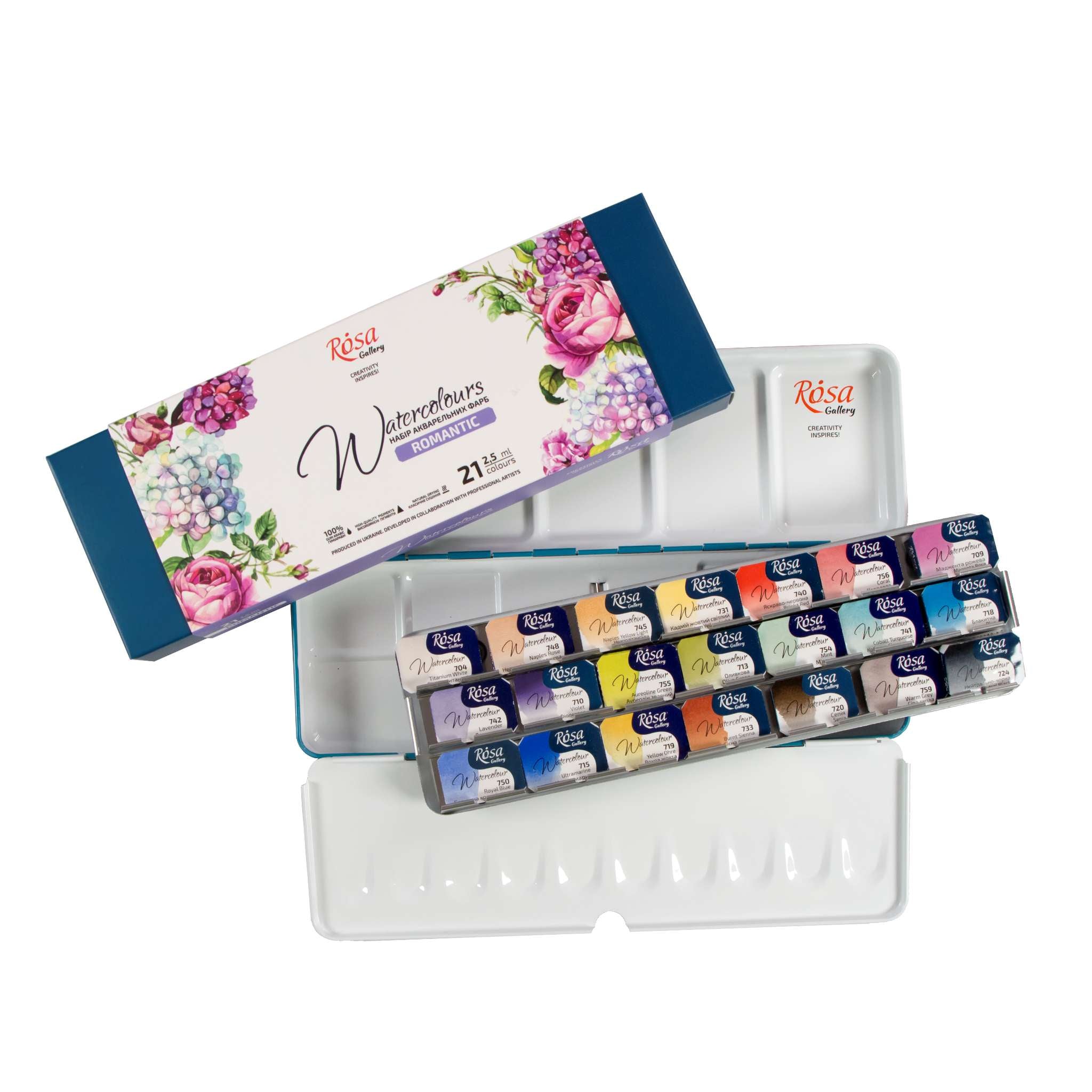 ROSA Gallery Romantic Watercolor Set - 21 Colors, Full Pans in Turquoise Metal Case