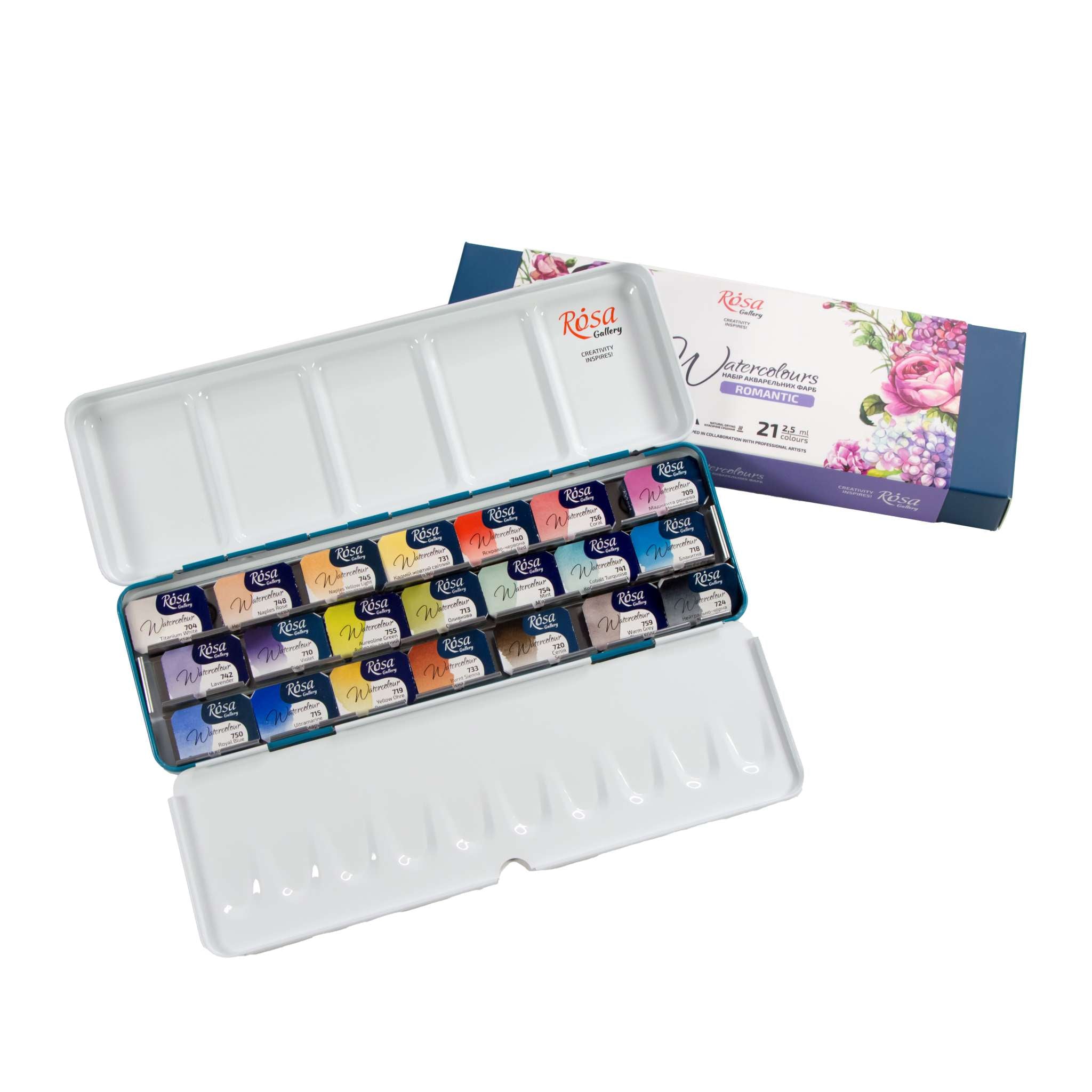 ROSA Gallery Romantic Watercolor Set - 21 Colors, Full Pans in Turquoise Metal Case