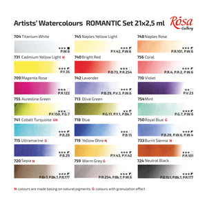 ROSA Gallery Romantic Watercolor Set - 21 Colors, Full Pans in Turquoise Metal Case