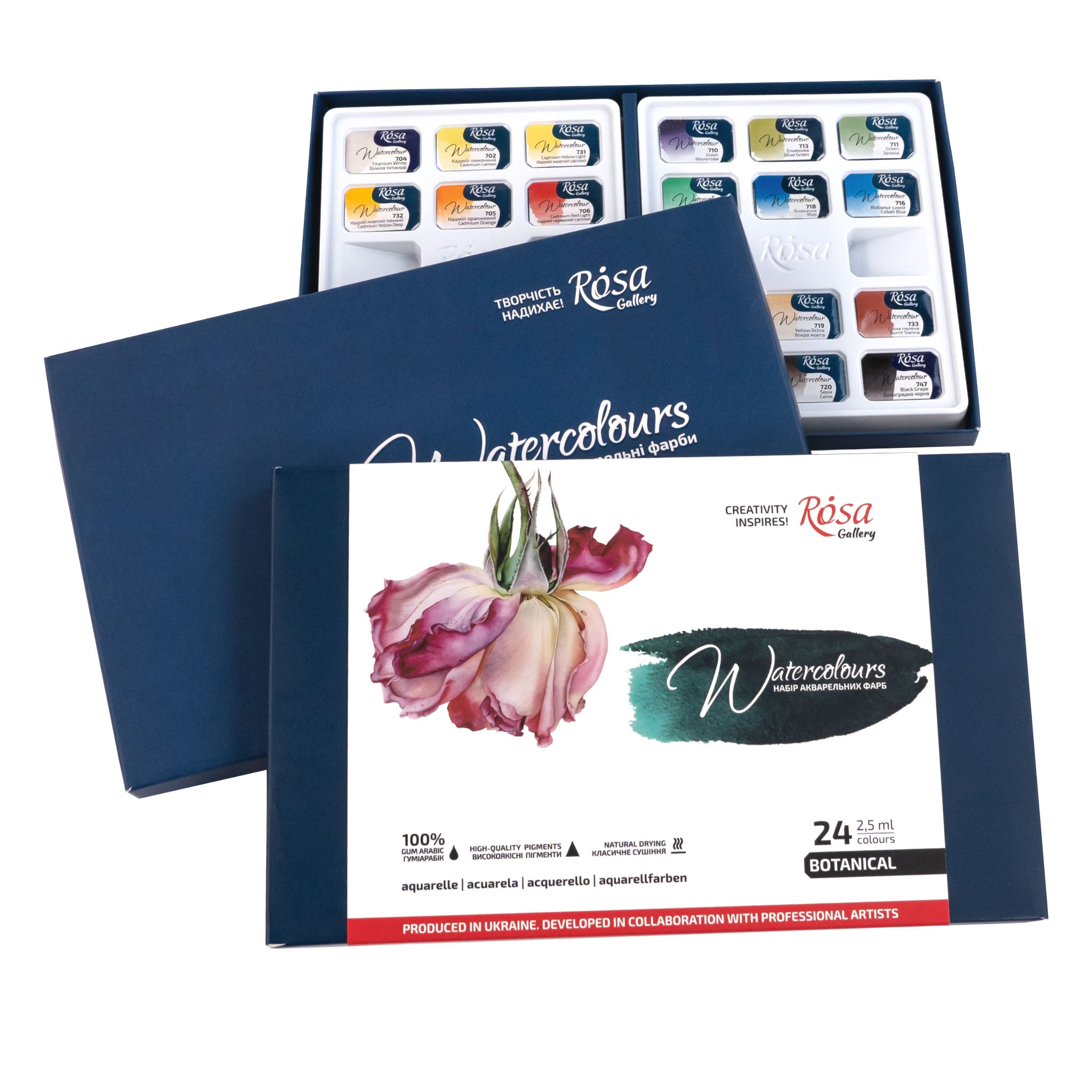 ROSA Gallery Botanical Watercolor Set - 24 Colors, Full Pans in Cardboard Box