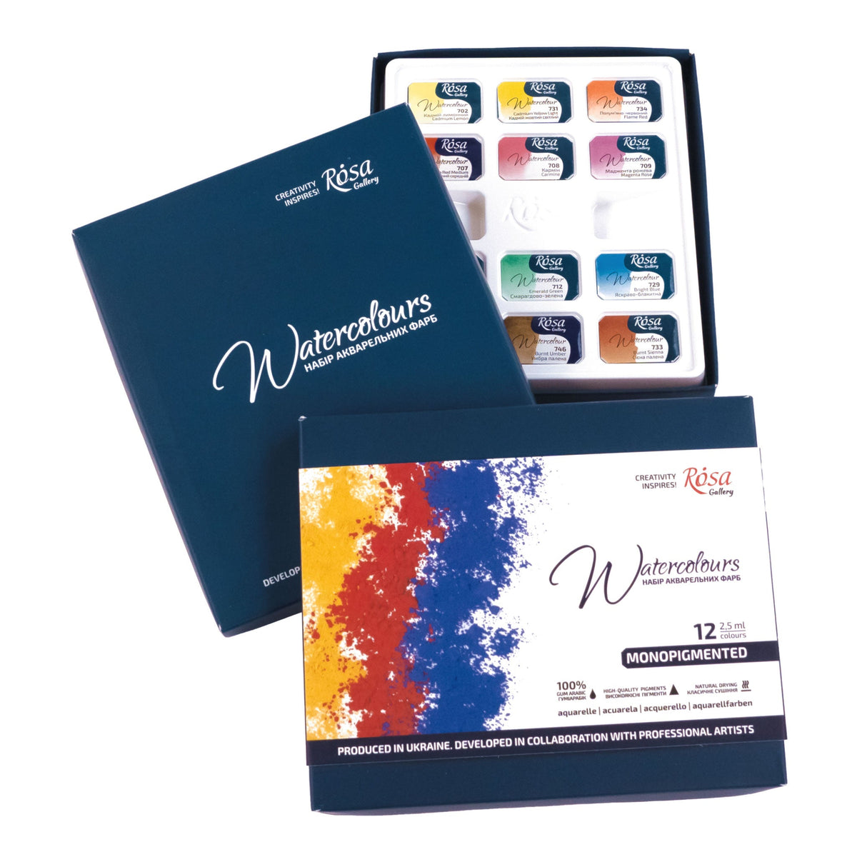 ROSA Gallery Monopigmented Watercolors Set - 12 Colors, Full Pans in C ...