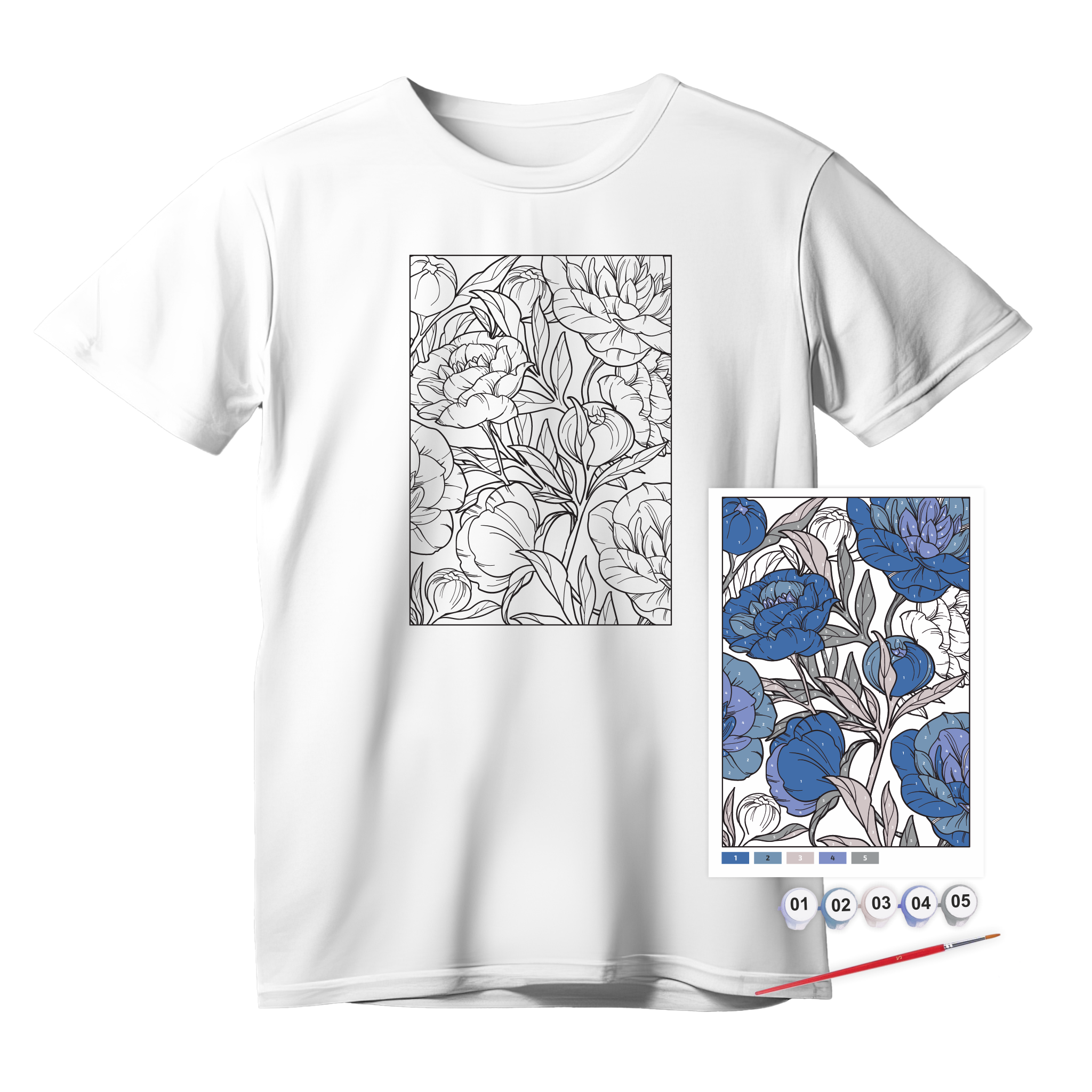 T-Shirt Painting "Blue Peonies" - 100% Cotton, Size S by ROSA Talent