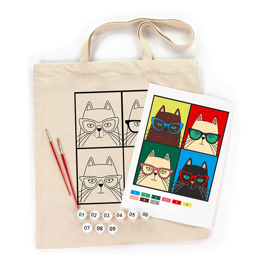 ROSATalent: Eco-Friendly Cotton Ecobag Coloring Kit – Bright Cats in Glasses (220 GSM, 38x42 cm)