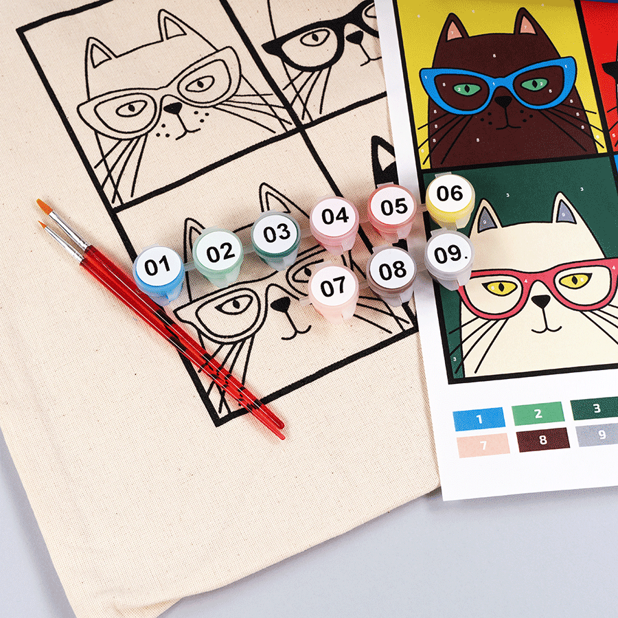 ROSATalent: Eco-Friendly Cotton Ecobag Coloring Kit – Bright Cats in Glasses (220 GSM, 38x42 cm)