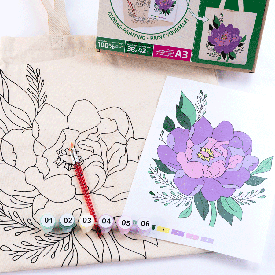 ROSATalent: Eco-Friendly Cotton Ecobag Coloring Kit – Magic Рeony (220 GSM, 38x42 cm)