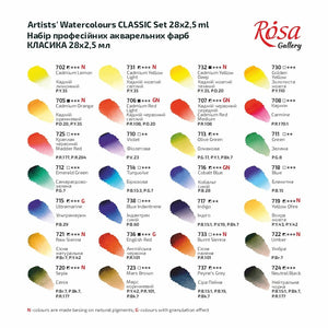 Set of watercolor paints "Classic" ROSA Gallery, metal case, 28 colors, cuvette