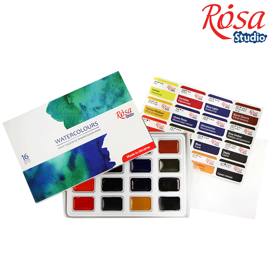 Set of watercolor paints, ROSA Studio, 16 colors, pans, cardboard